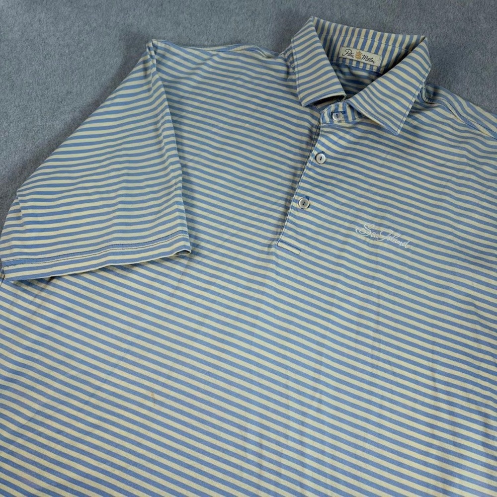 Peter Millar Polo Shirt Mens L Blue Yellow Striped Sea Island Mercerized Cotton